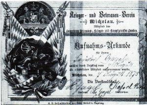 Aufnahms-Urkunde der Soldatenkameradschaft Michelau, von 1875